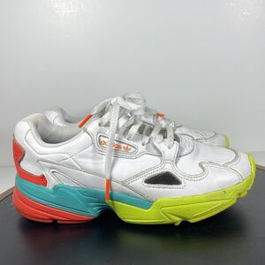 Adidas Falcon Athletic Chunky Retro Sneakers Women 6.5 White Neon Accent Shoes